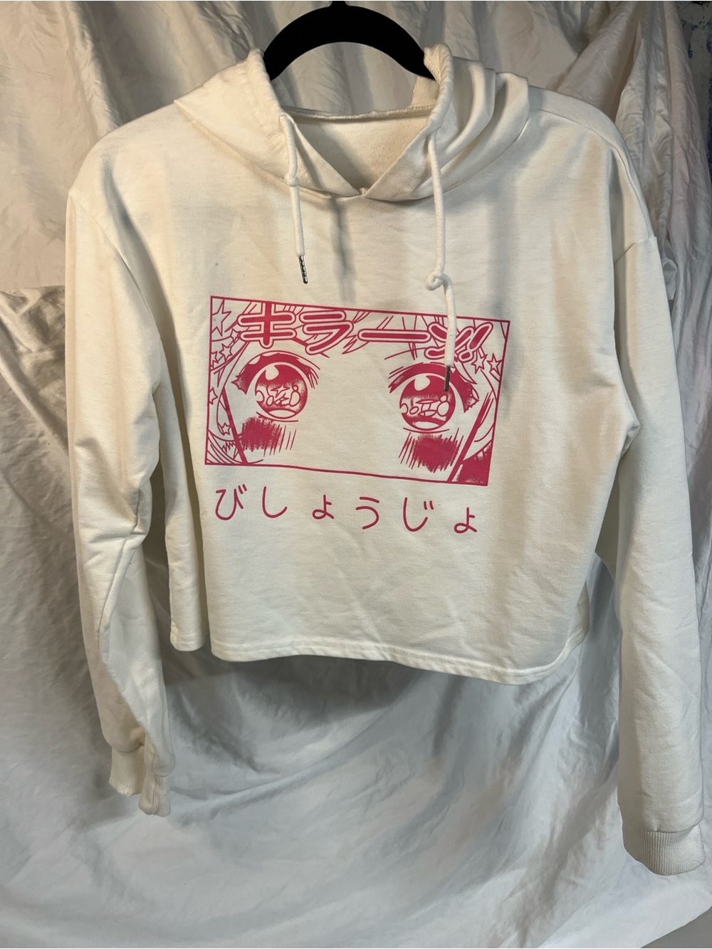 ROMWE Cream Cropped Hoodie with Pink Anime Graphic